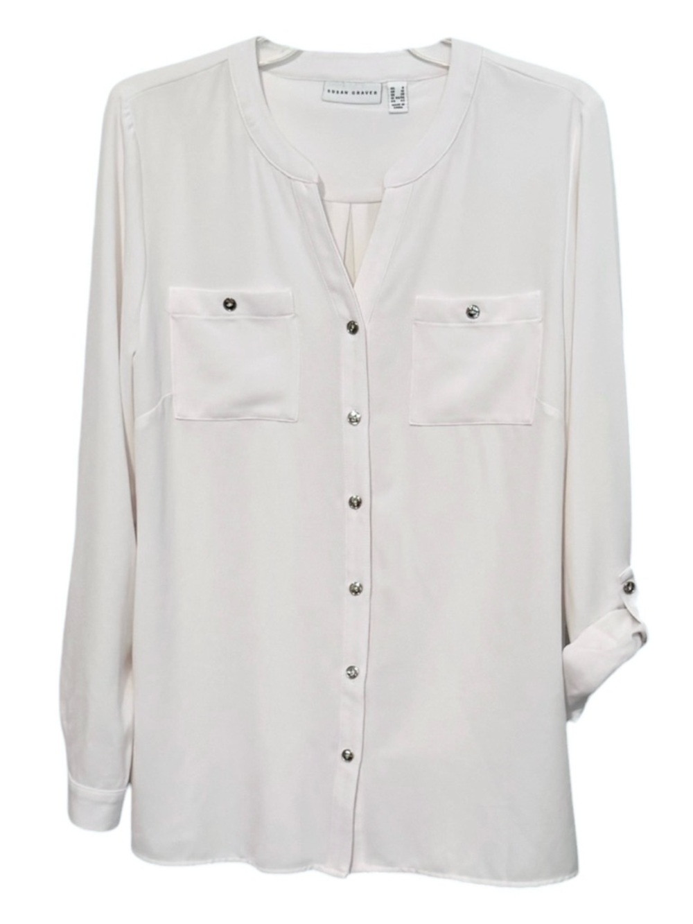 Susan Graver Size 8 White Liquid Knit Blouse Long Sleeves w/Roll Tabs